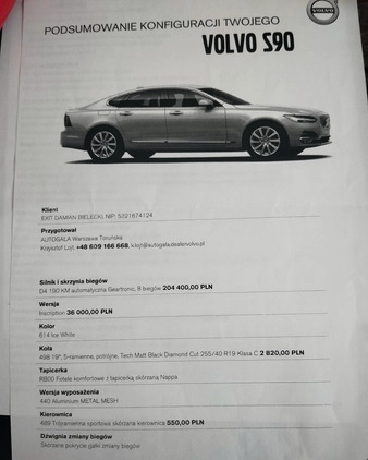 Volvo S90 cena 121770 przebieg: 129600, rok produkcji 2018 z Radzionków małe 254